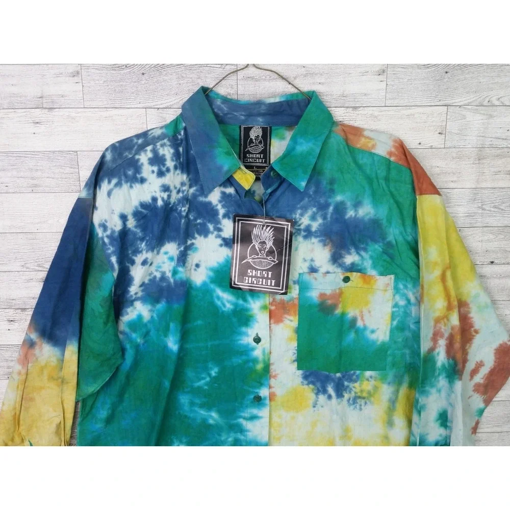 Vintage NEW Short Circuit Tie Dyed Long Sleeve Button Down Shirt Shoulder Pads L